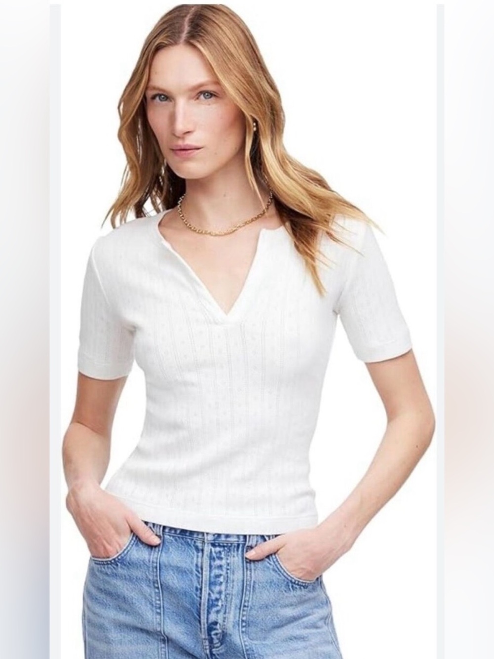 Madewell Pointelle Nottch Neck White Short Sleeve Top / Size Large